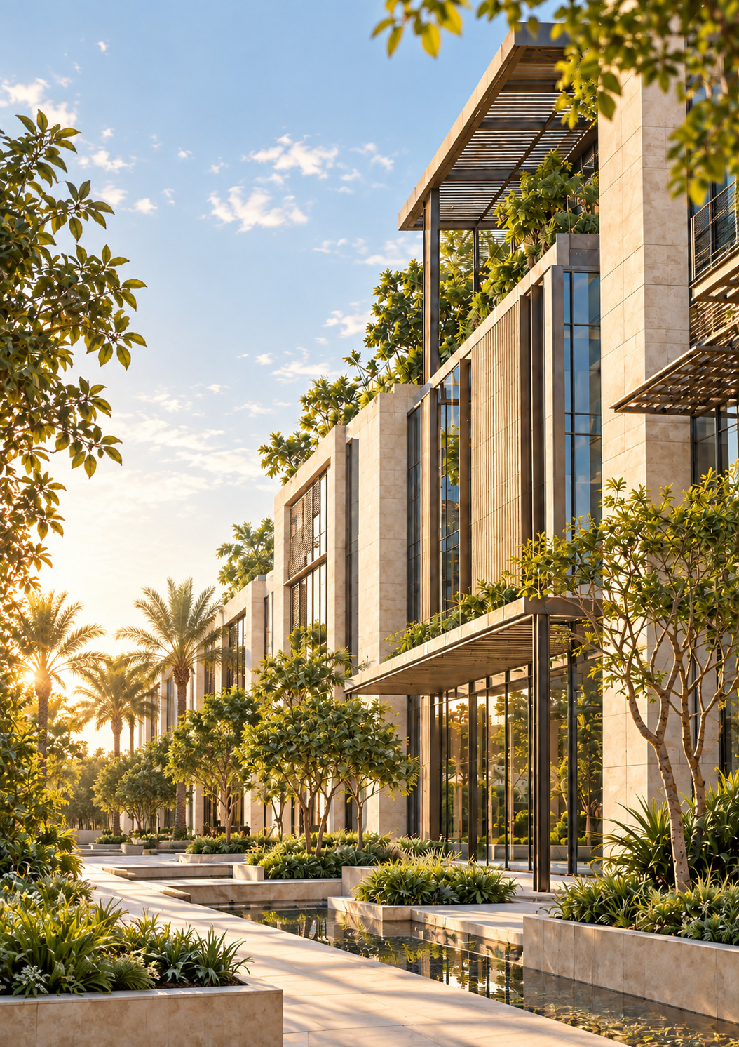 Contemporary sustainable development with integrated landscaping